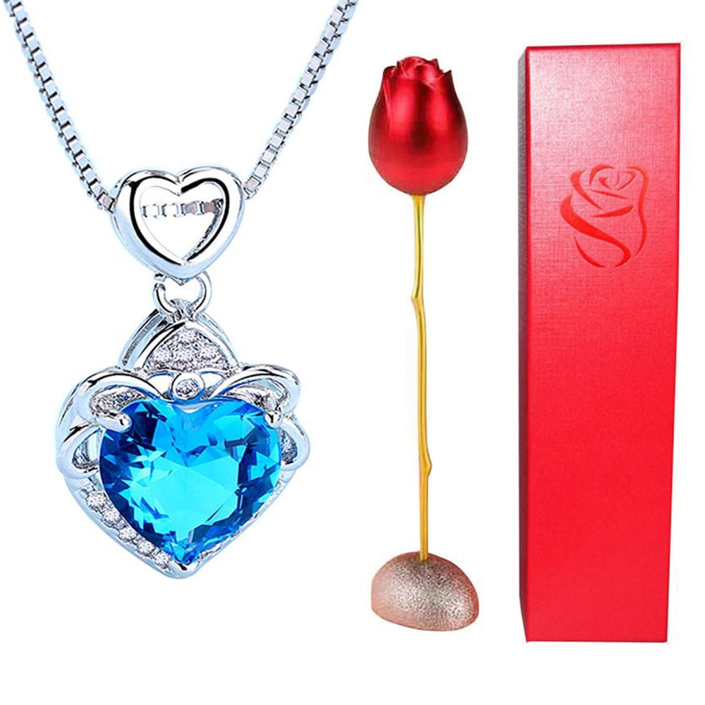 Rose Holder Eternal Love Necklace Set Romantic Rhombus Zircon Pendant With Immortal Valentines' Day Gifts